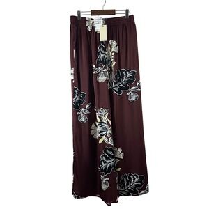 Melloday Womens Burgundy Floral Wide Leg Elastic Waist Pants Pockets Size M